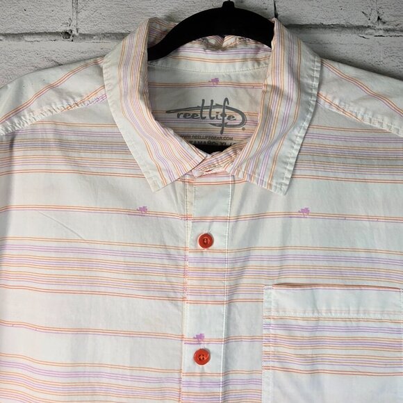 REEL LIFE SHORT SLEEVE MENS BUTTON DOWN SHIRT WHITE WITH ORANGE STRIPES SIZE XL - Picture 4 of 7